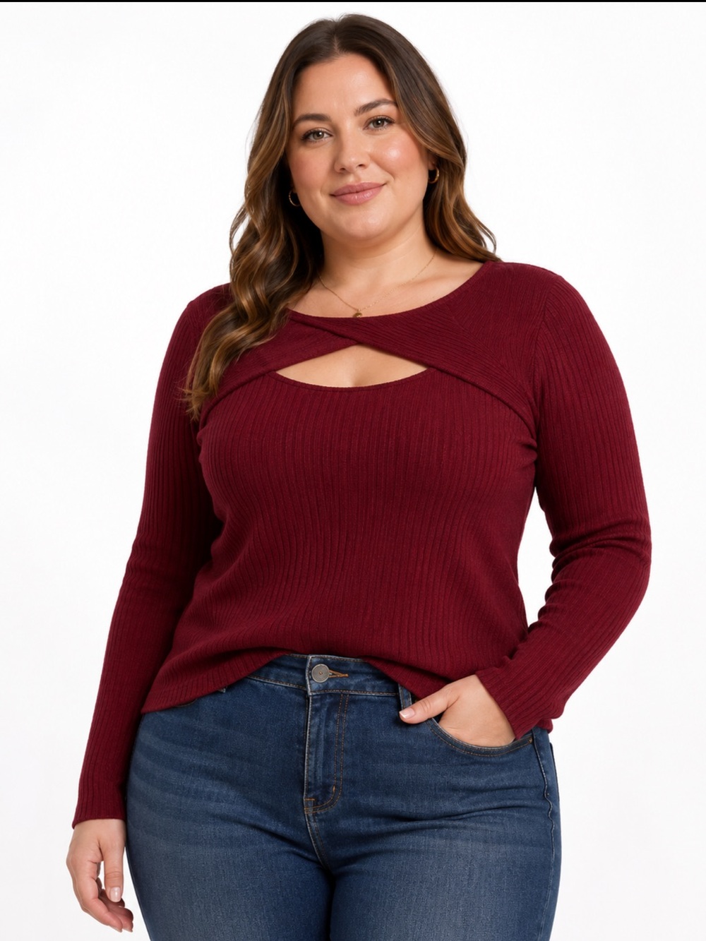 Heart N Crush Cutout Ribbed Sweater Maroon Long Sleeve Trendy Layered NWT - 1X